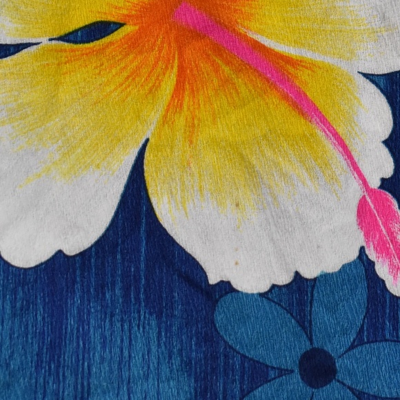 SOLD 60s Royal Hawaiian Mini Dress Tropical Muumuu Mu'umu'u Blue Floral VTG - Picture 5 of 6